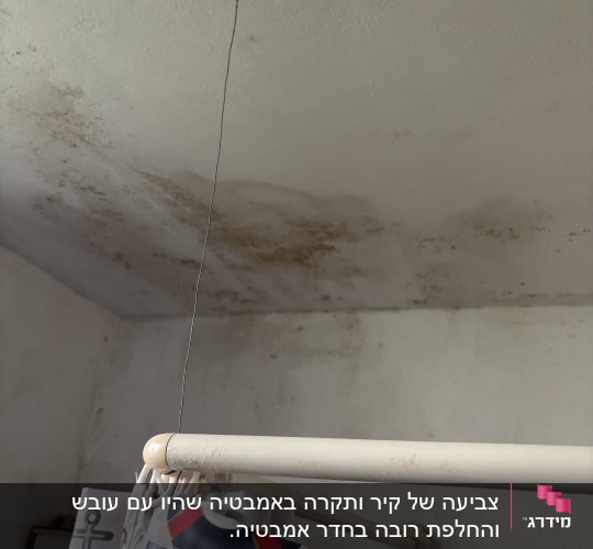 תקרה וקיר בחדר אמבטיה עם סימני עובש ורטיבות לפני צביעה